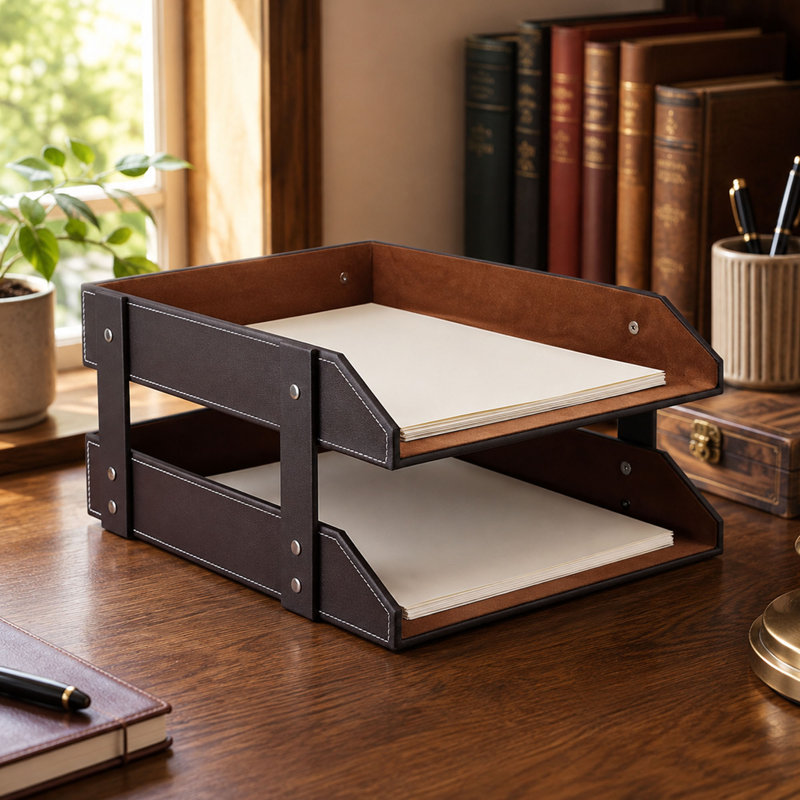 Organisateur de courrier en cuir à 2 niveaux, porte-documents en bois avec rangement pour papier empilable