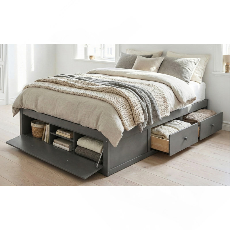 Queen Size Platform Bed Frame with 4 Storage Drawers and Hydraulic Lift Footboard Storage, No Headboard, Modern Space-Saving Design-Antique Grey