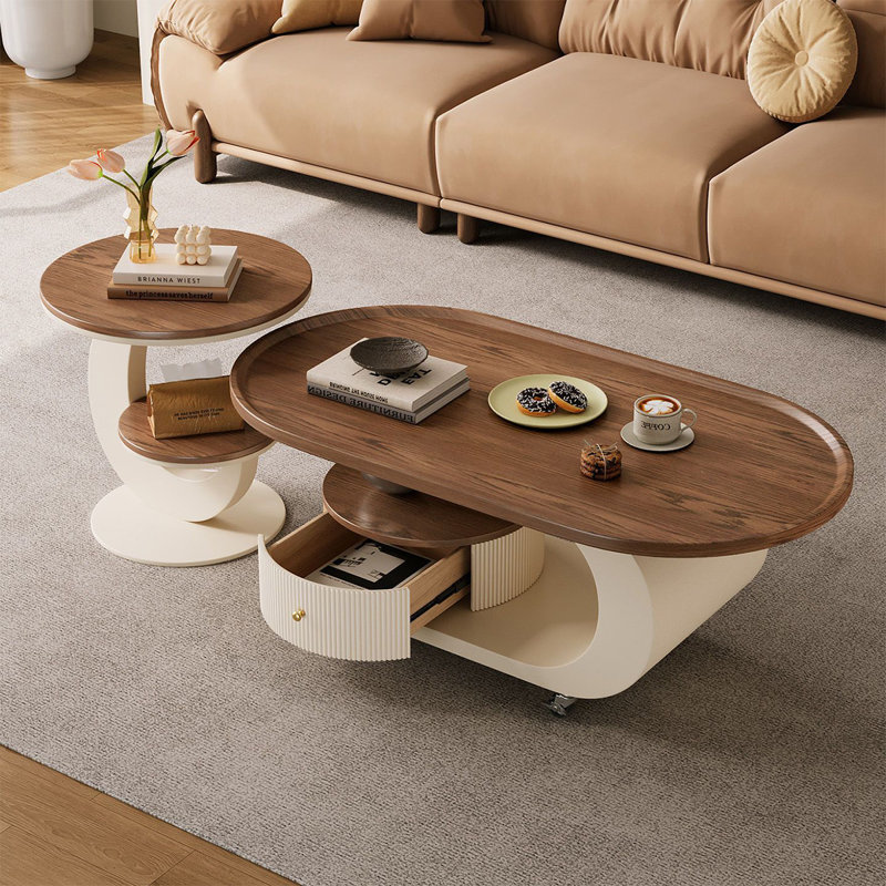 Ensemble de tables basses rondes en bois massif blanc, H 23,62 po x l 66,93 po x P 23,62 po, Brun et blanc