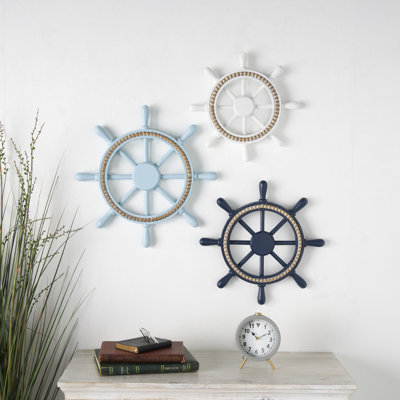 Effrem Wood Ship Wheel Multi Colored Wall Decor with Brown Beaded Accents Set