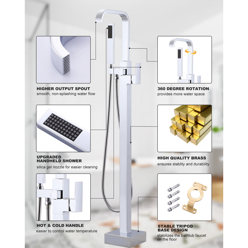 Floor Mounted Freestanding Tub Filler with Diverter and Handshower, Polished Chrome