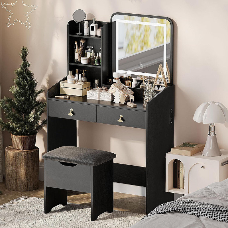 Makeup Vanity with LED Mirror & Charging Station, 2 Drawers & Storage Stool for Bedroom, Black