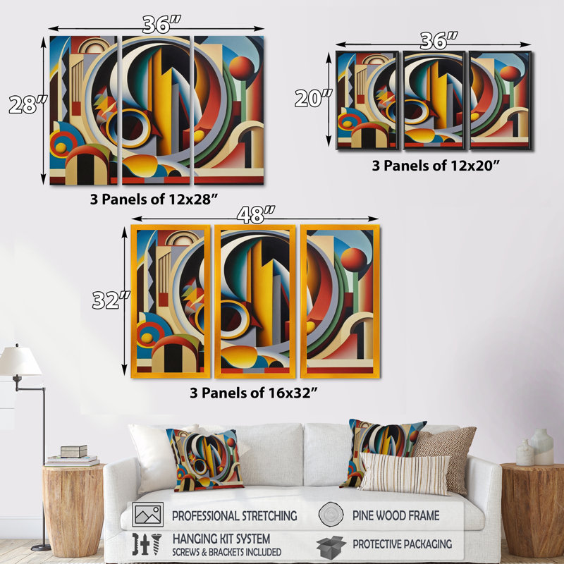 Circular Retro Dynamics II - 3 pièces sur toile, Cadre flottant noir, H 28 po x l 36 po