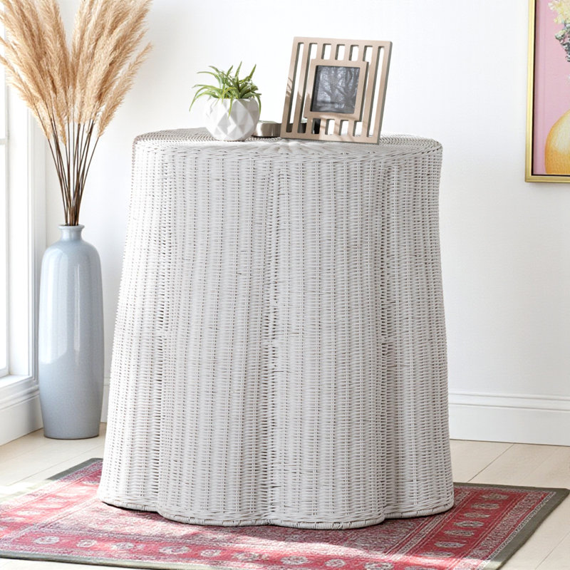 Suzetta Handwoven Accent Console Table With Scalloped Edge, 27.03" H X 27.77" W X 27.77" D