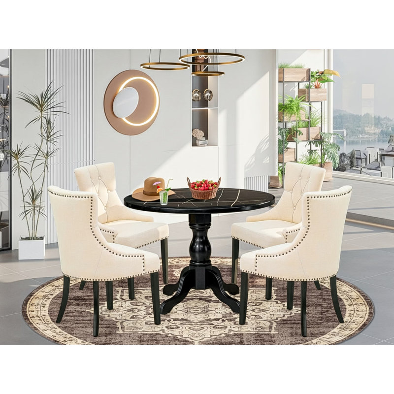 5 pc Mid-Century Modern Dining Set Includes a Round Table and 4 Light Beige Linen Fabric Mid Century Chair with Button Tufted Back Wire brushed Black