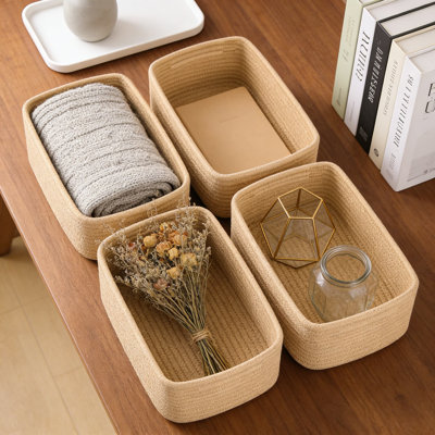 4 Pack Woven Storage Baskets, Decorative Closet Organizer Bins For Shelves, Nursery, Towels & Toys, Mini Handwoven Cotton Rope Basket Set For Home Organization