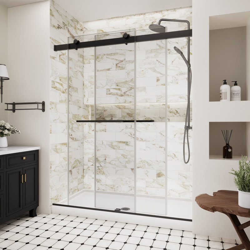 44–48" W x 74" H Frameless Shower Door with 5/16" (8mm) Explosion-Proof Film Tempered Clear Glass, Sliding Shower Door with Soft-Close Anti-Collision, Matte Black