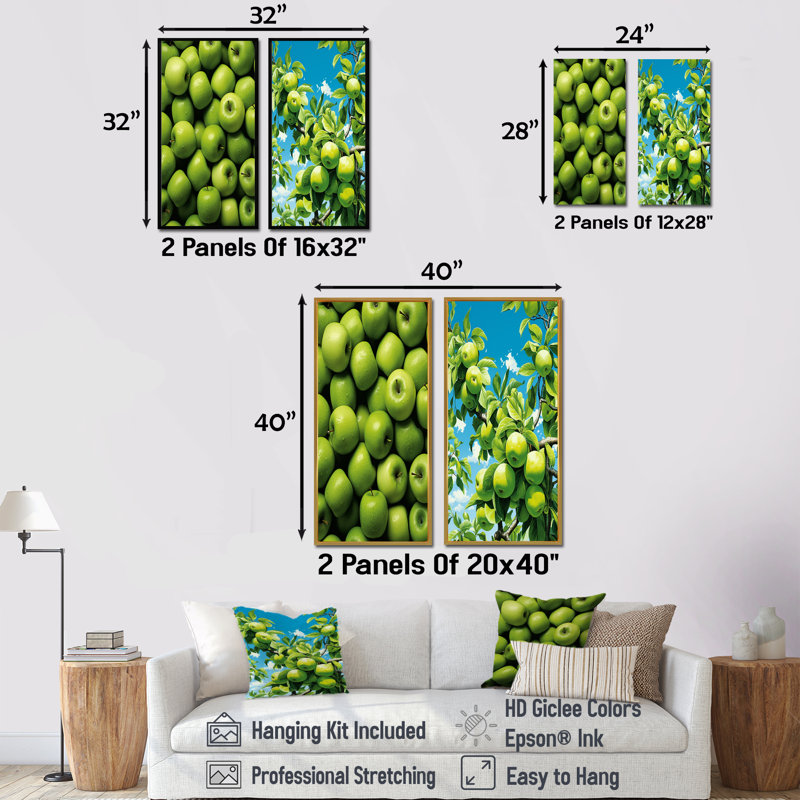 Verts de pommiers verts - ensemble d'art mural sur toile 2 fruits, Encadrement doré, H 32 po x l 33 po
