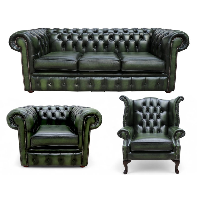 Chesterfield 3 Piece Suite. 3 Seater Sofa + Club Chair + Queen Anne Wing Chair Leather Sofa Suite Offer Antique, Green