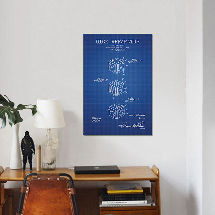 « paul mitchell dice, croquis brevet », reproduction d’impression sur toile dans une grille bleue, Toile tendue, Pas de tapis