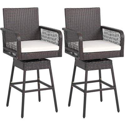 29" Patio 360° Swivel Bar Stool with Cross-Woven Armrests Footrest & Seat Cushion by Bay Isle Home