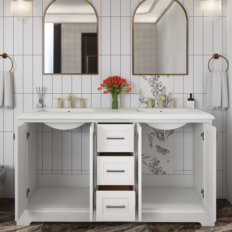Ensemble de meuble-lavabo autoportant 60 po avec plateau en pierre d'ingénierie Marjina, Blanc, Nickel brossé
