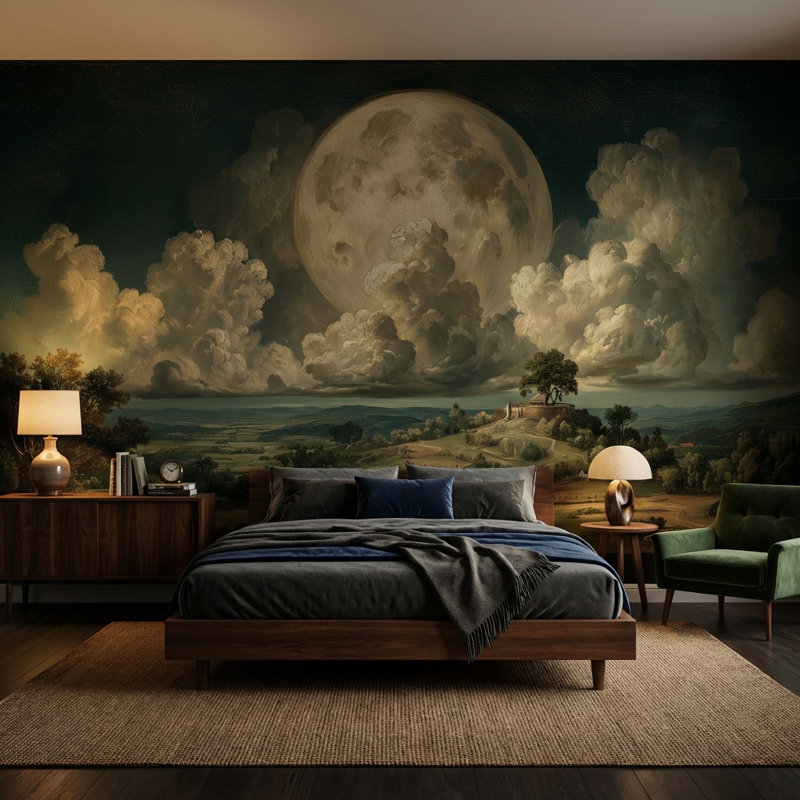 Papier peint lune paysage traditionnel, Non tissé, 160 po x 108 po