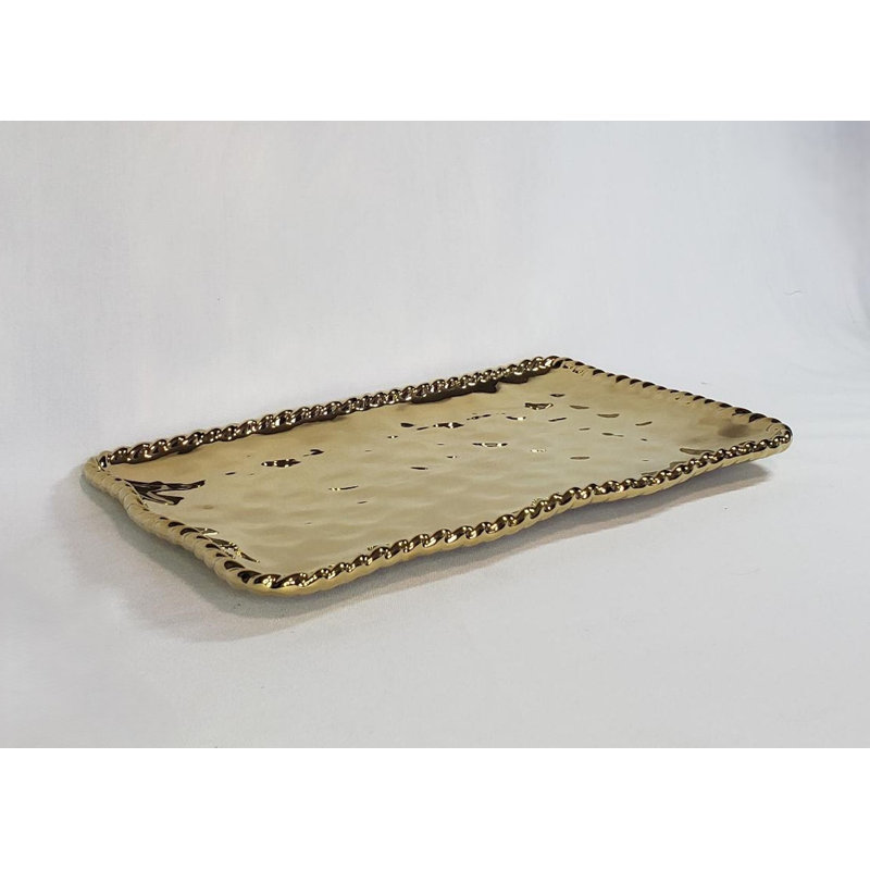 Plateau de service en céramique dorée avec rebord en corde 14,25 po, 1"H x 9.25"W x 14.5"L