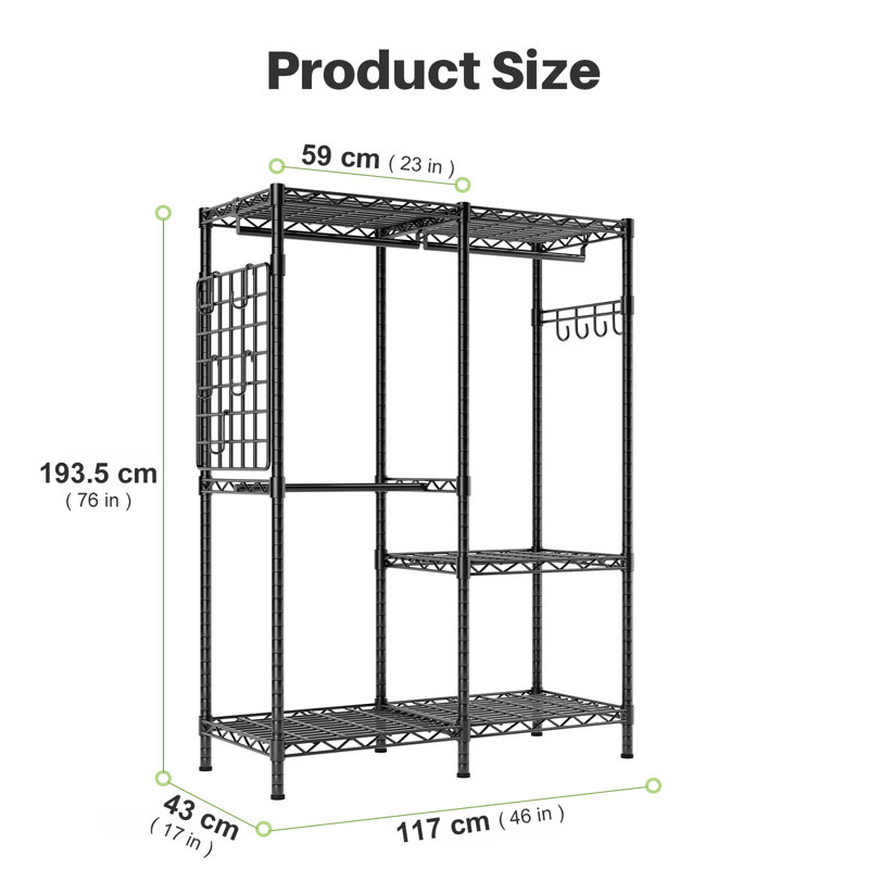 Open Wardrobe Closet Organizer - 117.5x43x193.5cm Free Standing with Adjustable Wire Shelves & Clothes Rail
