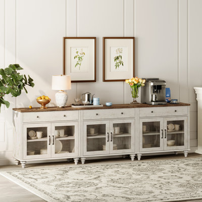 Buffet Corretta avec bar intégré, buffet de style campagnard de 259 cm (102 po) pour salle à manger, meuble de cuisine moderne, grand meuble de rangement avec portes vitrées et tiroir en bois, blanc