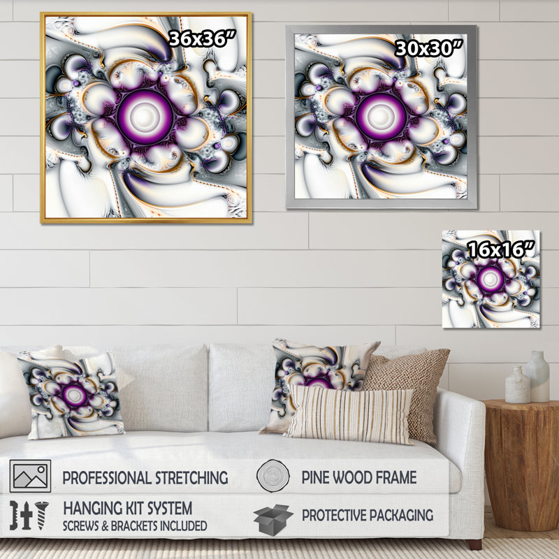 «Fractal Journey» en mauve et blanc sur toile, Cadre flottant blanc, H 24 po x l 24 po x P 1 po