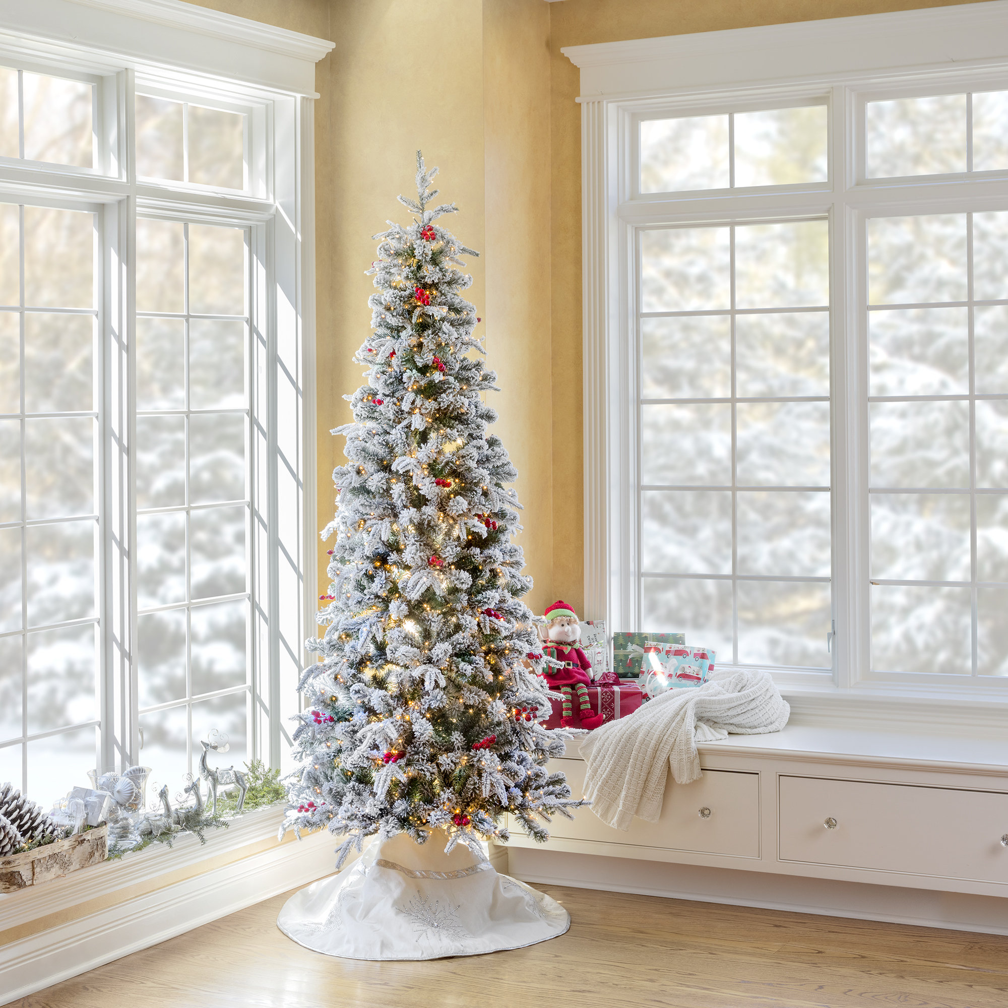 Lighted Flocked Artificial Fir Christmas Tree - Stand Included, 7' H x  3' D