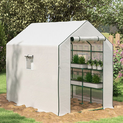 Serre de plain-pied 4,6 pi x 4,7 pi, avec 2 tablettes de rangement pour légumes, blanc, extérieur, jardin, patio