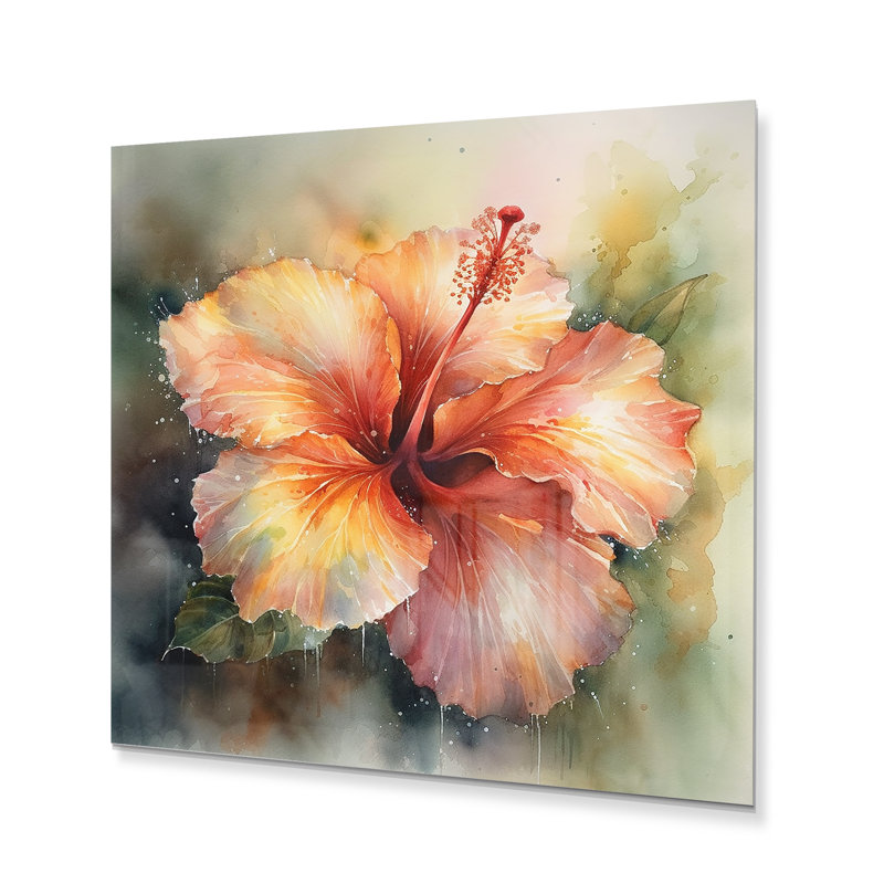 Pétales d'hibiscus vert orange II sur impression métallique, H 23 po x l 23 po x P 1 po