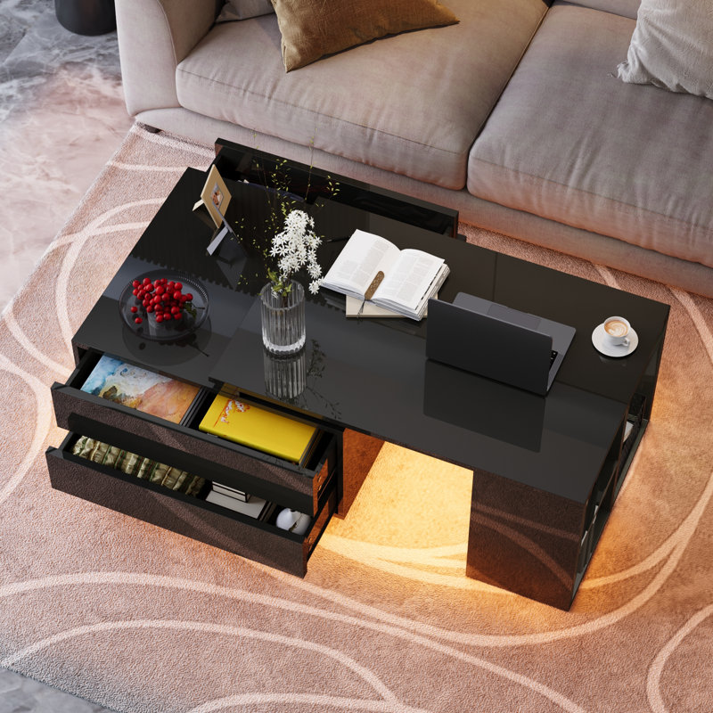  35"- 60" Extandable LED Coffee Tables With Storage 4 Drawers & Open Shelves, Black