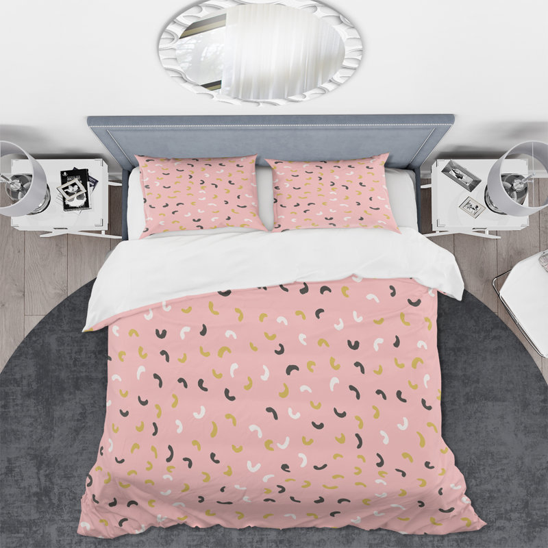 Retro Pink Squiggles en noir, blanc et vert I - Ensemble de housse de couette moderne - Polyester en microfibre