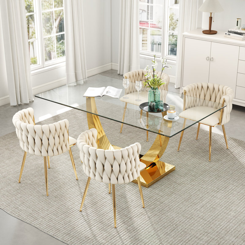 Rectangle Pedestal Dining Set with Woven Dining Chair, Beige, Gold