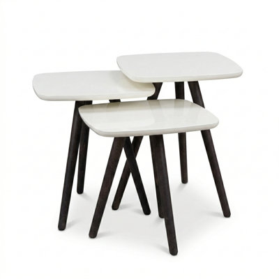 Modern Glossy Square Nesting Table Set of 3 with Solid Hornbeam Legs