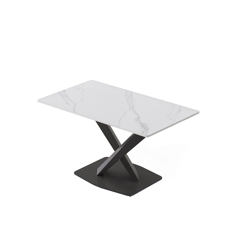 Table de salle à manger 55,12 po Pierre blanche moderne à rebord droit en métal noir pour 6 personnes, Blanc