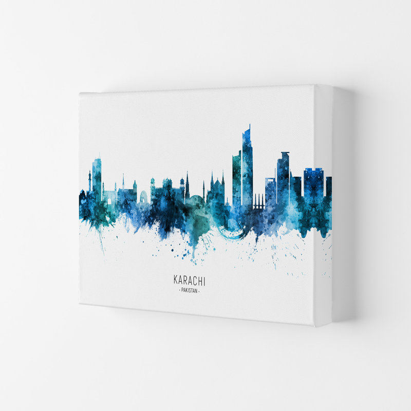 Karachi Pakistan Skyline Blue City Name by Michael Tompsett - Print, 21cm H x 29.7cm W x 4cm D, Wrapped Canvas