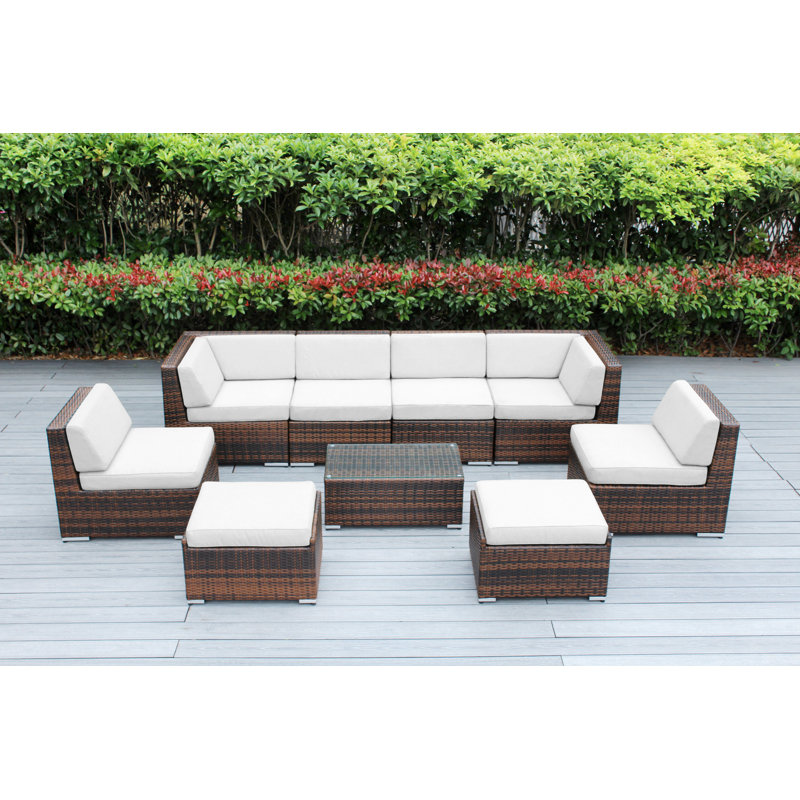 Ensemble de conversation en osier pour 8 personnes avec coussins - aucun assemblage, Toile Sunbrella® naturel