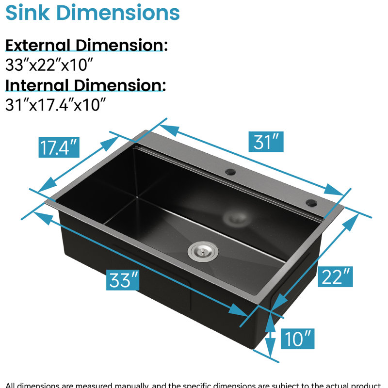 Évier de cuisine fait à la main en acier inoxydable 304 de 33 po x 22 po avec station de travail au fini pratique, teinture de cuisine 33 po x 22 po