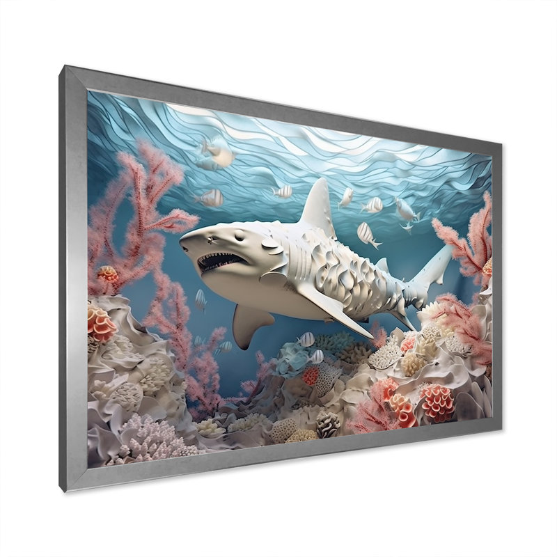 " Coral And Sharks Collage Symetry ", Silver Single Picture Framed, 24" H x 32" W x 1" D