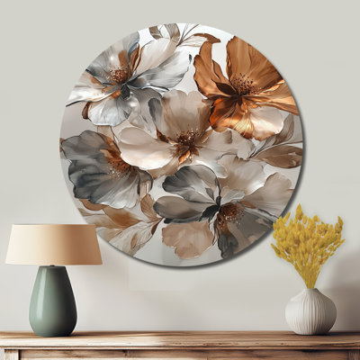 Metallic Copper And Chrome Abstract Flowers II - Abstract Flowers Round Metal Wall Decor