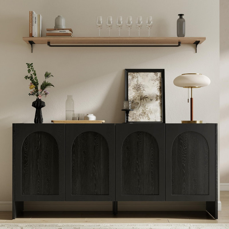 63" Arched Sideboard Cabinet with 4 Doors, Solid Wood Veneer Storage Credenza with Adjustable Shelves for Dining Room or Entryway , Black