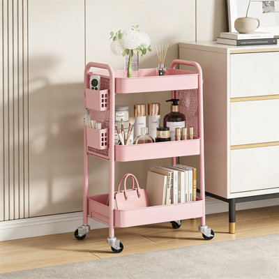 3-Tier Rolling Utility Cart, Heavy-Duty Metal Multi-Purpose Storage Organizer With Wheels, Hooks, And Bins