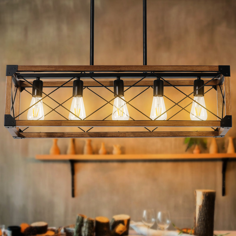 Luminaire suspendu à 5 lampes pour plusieurs pièces - Finition rouille, hauteur du bras réglable, noyer et noir, style rétro, matériau rouille, lampe