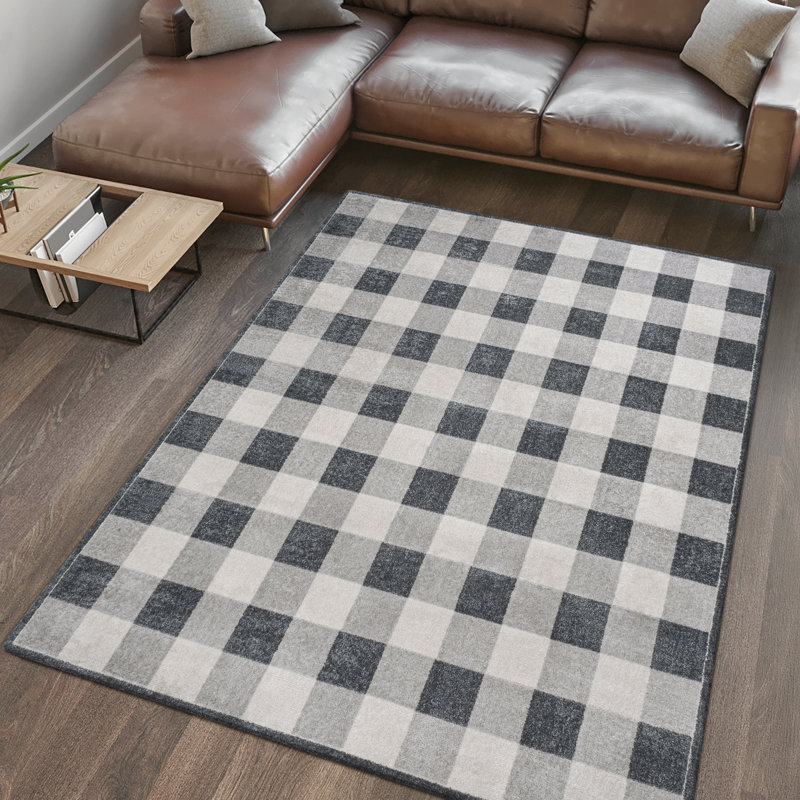 Tapis gris clair / gris foncé / crème délavé à la machine Romae Gingham, Rectangle 4pi x 6 pi