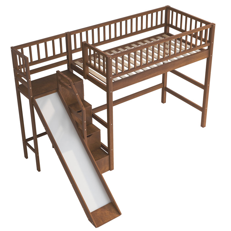 Lit mezzanine simple avec glissière d'escalier et lumières DEL Lumi Slide, Twin, Walnut