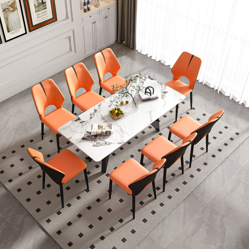 Table de salle à manger en marbre pour 6-8, table de salle à manger de luxe moderne 79 "pour la cuisine, table rectangulaire en or de Carrare avec base de cheval en acier inoxydable pour 6 à 8 personnes avec 8 chaises