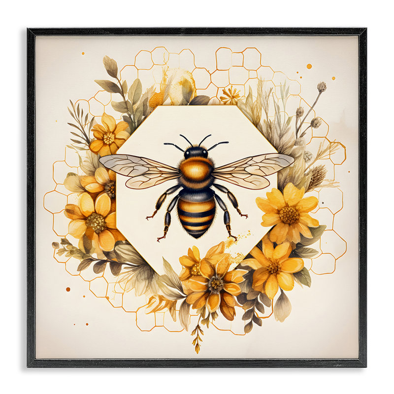 «Hexagon Bee Wreath», art de la giclée encadrée par Petal Prints Design, Giclée encadrée noir minuit, H 17 po x l 17 po