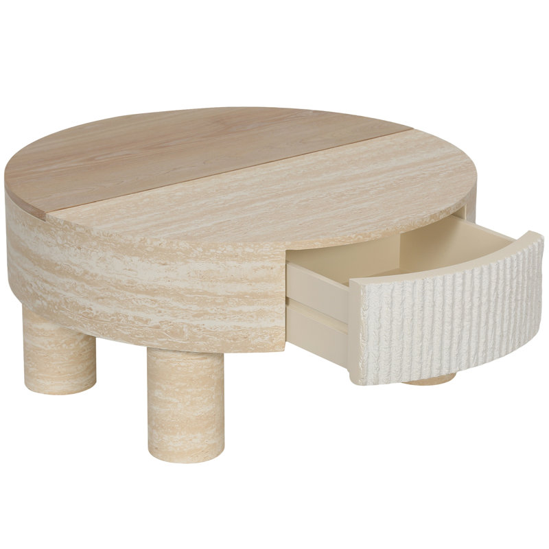 Table basse ronde avec plateau rabattable et compartiment de rangement caché
