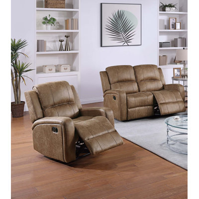 Modern 2pc Living Room Set 1x Loveseat 1x Recliner Square Armrest Cushion Backrest Light Vertical Tufting Chestnut Finish Primary Living Room Furniture