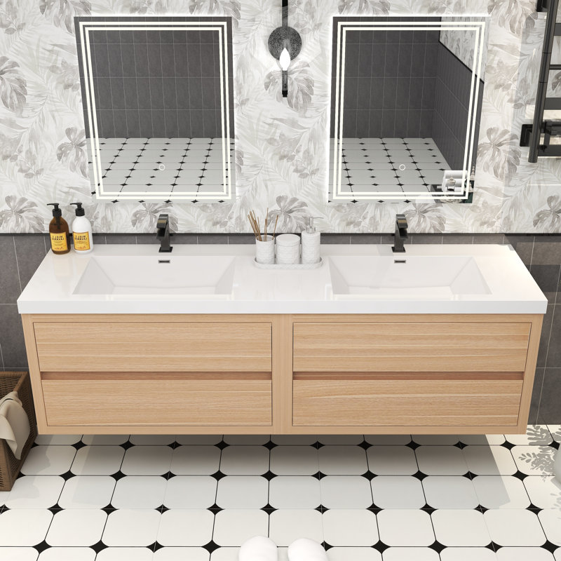 Meuble-lavabo double avec plateau 70,9 po Castanea, Bois clair