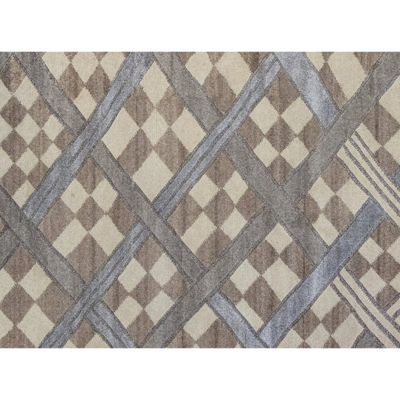 Hand Knotted Checkered Area Rug in Mesa/Blue/Ivory/Gray, Rectangle 6' x 9'