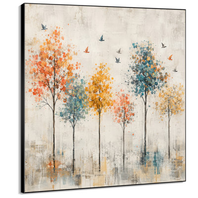 Impression sur tissu grand format - Motif d'arbres d'automne orange et bleus avec oiseaux en vol pour le salon ou la chambre - « Assemblage du cadre requis (cadre non fini) »