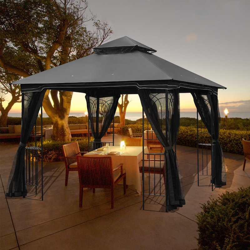 10'x10' Outdoor Gazebo Canopy, Canopy Tent with Unique Support Design and Privacy Netting，Dark Gray, Dark Gray