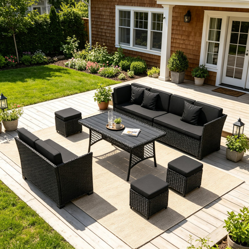 Ensemble de conversation pour patio 7 pièces en osier avec table de salle à manger, Black/Black
