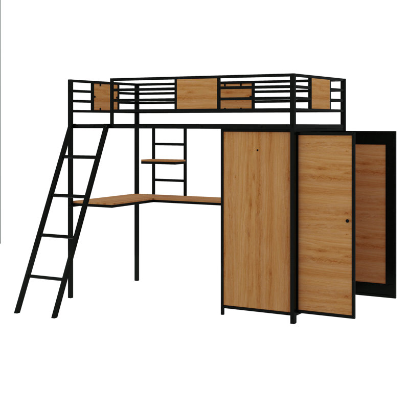 Un lit mezzanine simple avec un bureau en forme de L et une armoire intégrée, Noir