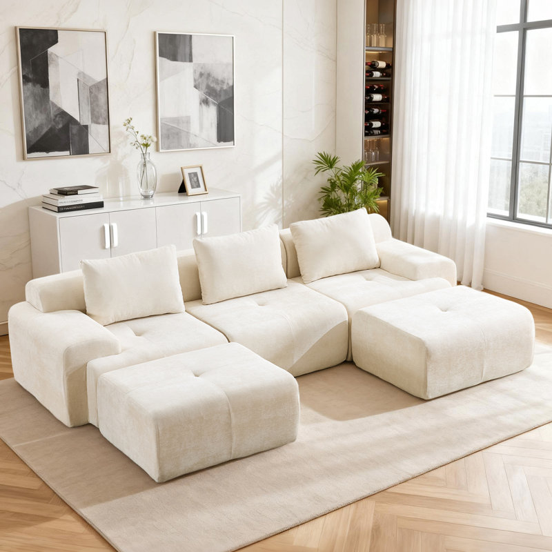 120.5" Oversized Boneless U-Shaped Modular Whalan With 2 Ottomans, Chenille Upholstery And Deep Seats, No Assembly Required, Green